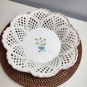 Vintage White Portuguese Lattice Basket Bowl Pink Trim Floral‎ Bouquet Blue Bow